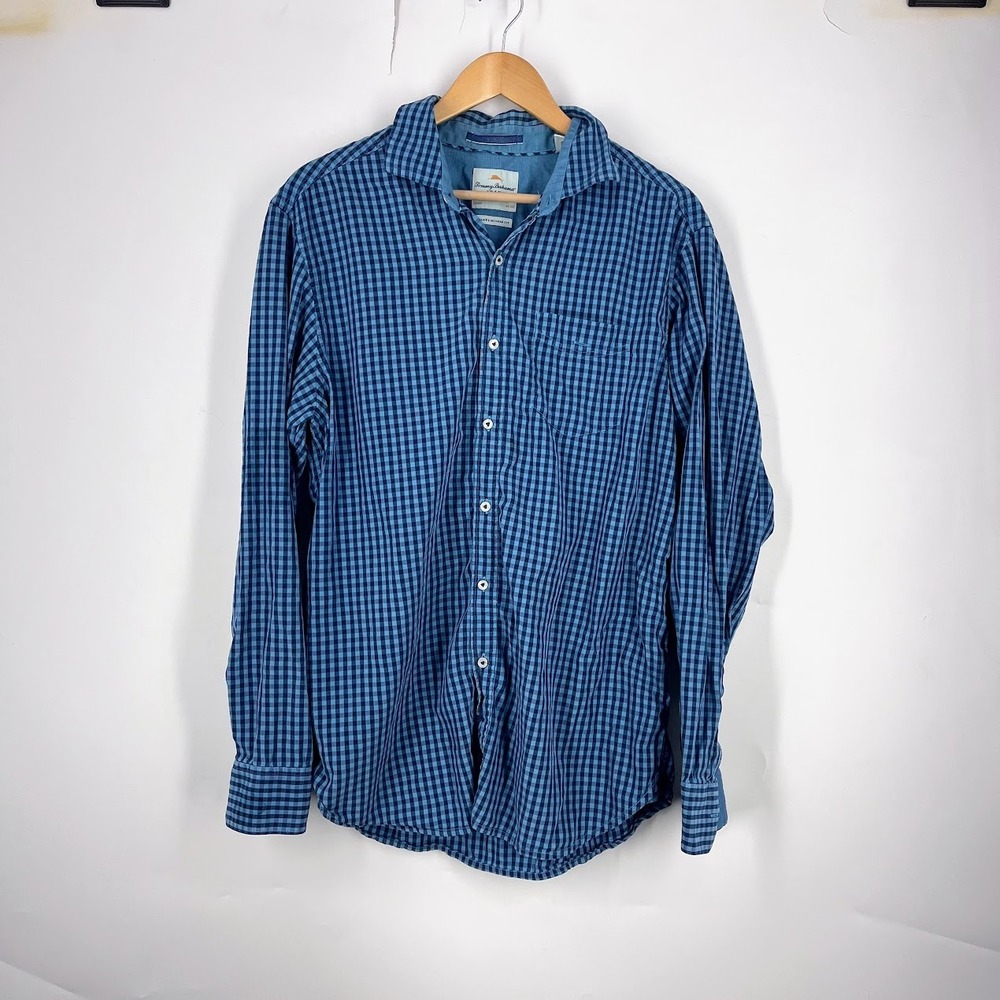 Tommy Bahama Jeans Mens Blue Gingham Tencel Cotton Button Down Shirt Medium M